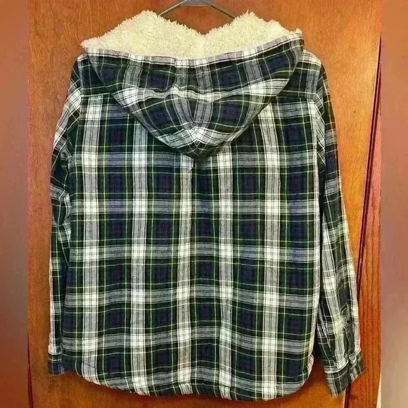 L.L Bean Womens Small Scotch Plaid Flannel Sherpa Lined Hoodie Zip Sweatshirt - Picture 3 of 6